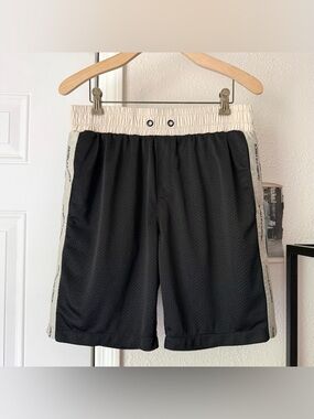 DANIEL PATRICK black cream side stripe logo pull on basketball mesh knit shorts